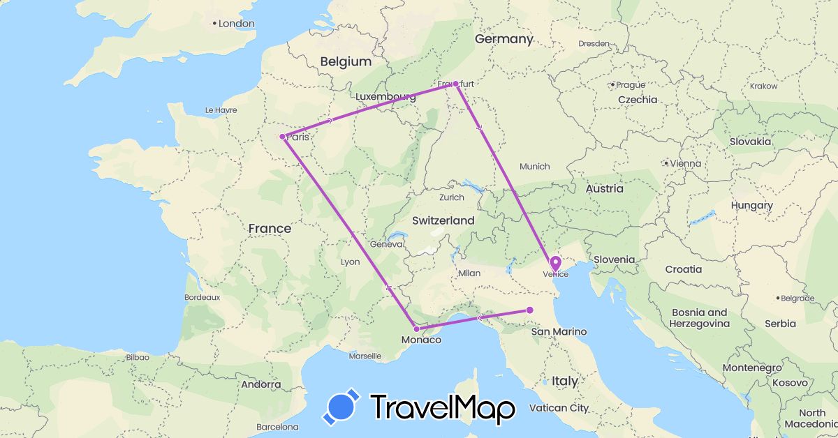 TravelMap itinerary: driving, train in Germany, France, Italy (Europe)